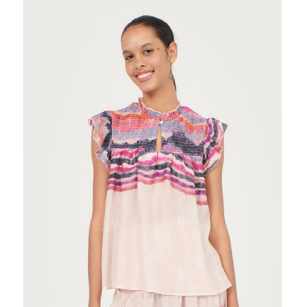 Chufy Juni Striped Flutter Sleeve Northern Lights Swing Blouse Pink Small